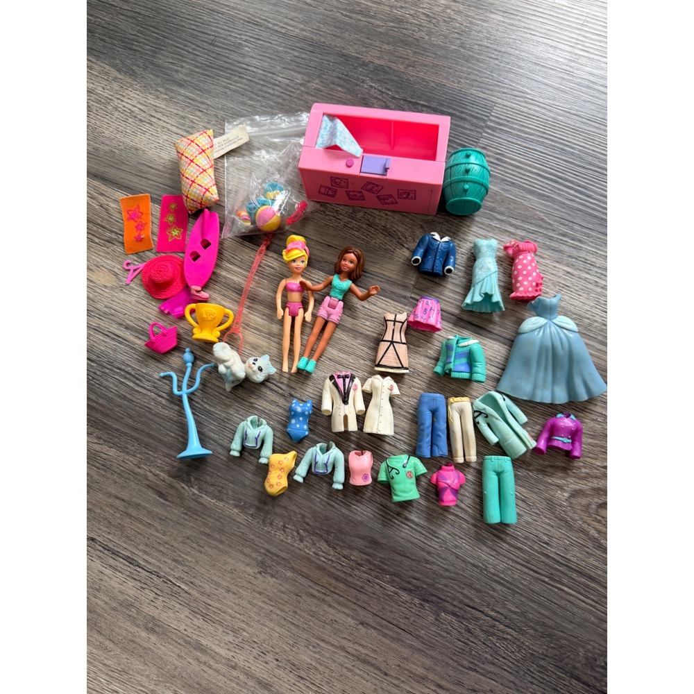 Polly Pocket Doll Lot with Snap On Rubber Clothes Accessories Trunk and Pet Cat